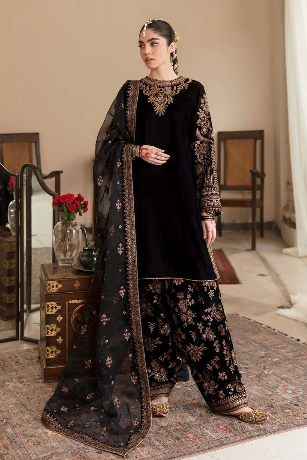 Embroidered Black Luxury Chiffon Dress