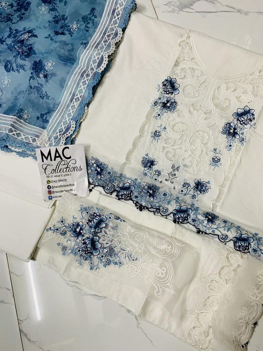 MB Embroidered White n Blue Luxury Lawn Dress