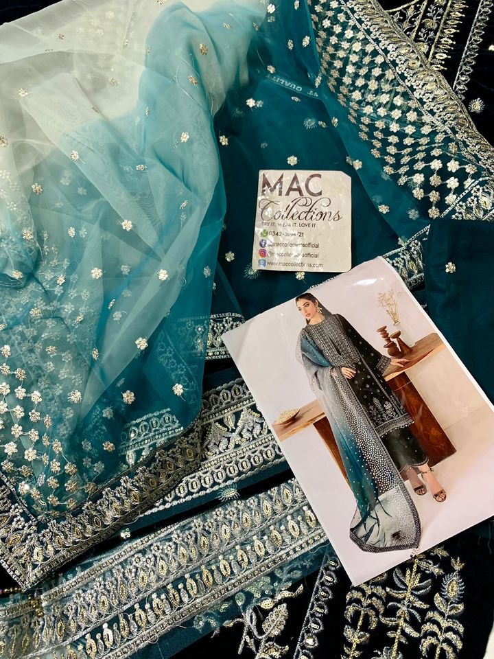 JZM Embroidered Sea Green Luxury Velvet Dress