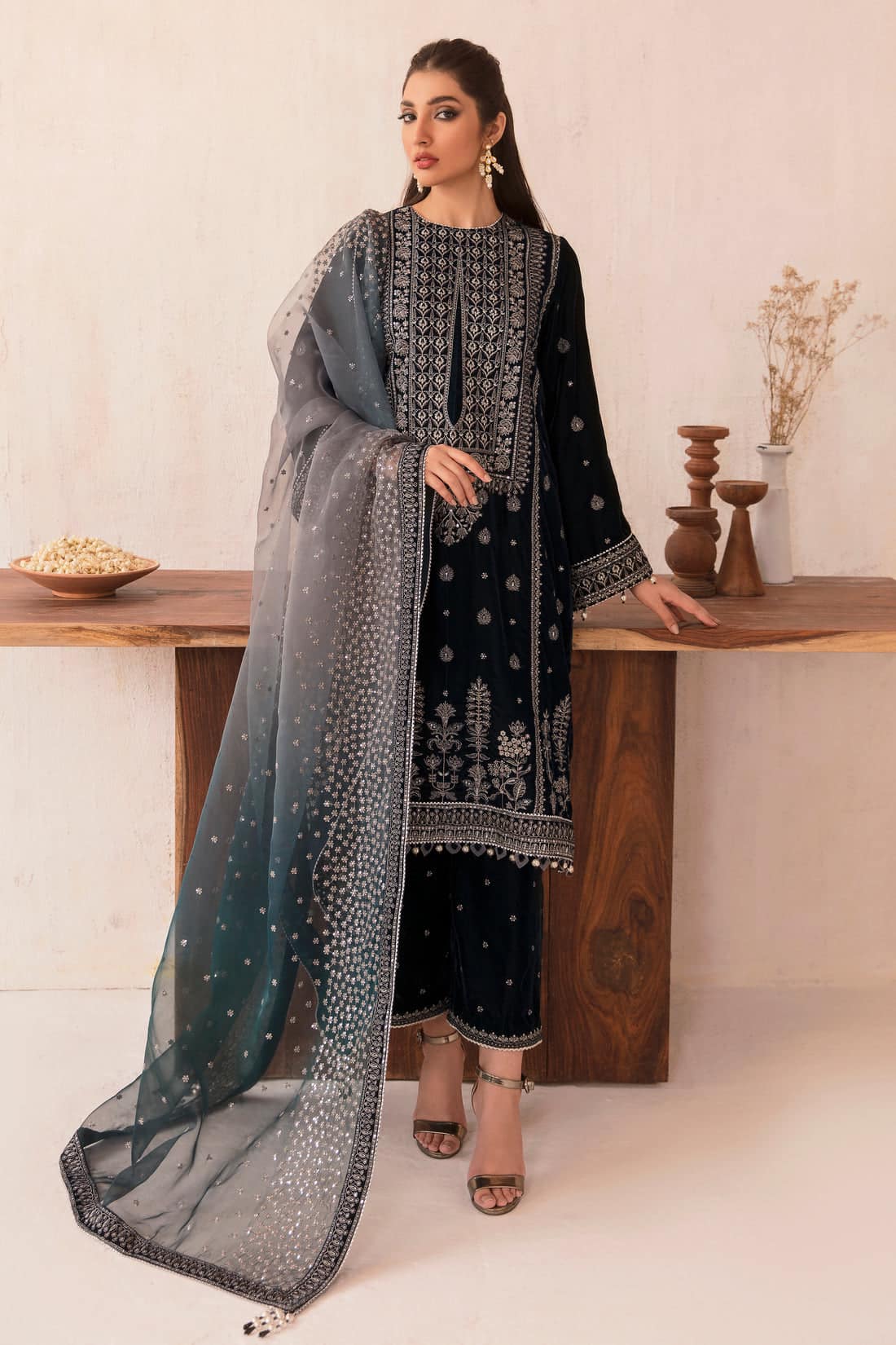JZM Embroidered Sea Green Luxury Velvet Dress JZM Embroidered Sea Green Luxury Velvet Dress