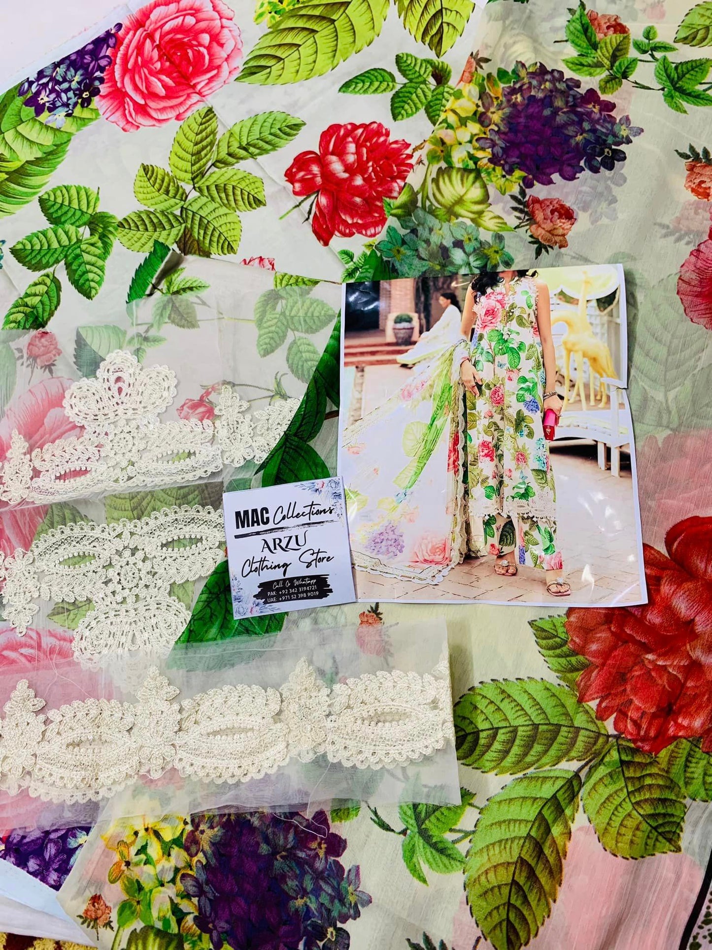 MP Embroidered White N Green Leaf Luxury Lawn Dress