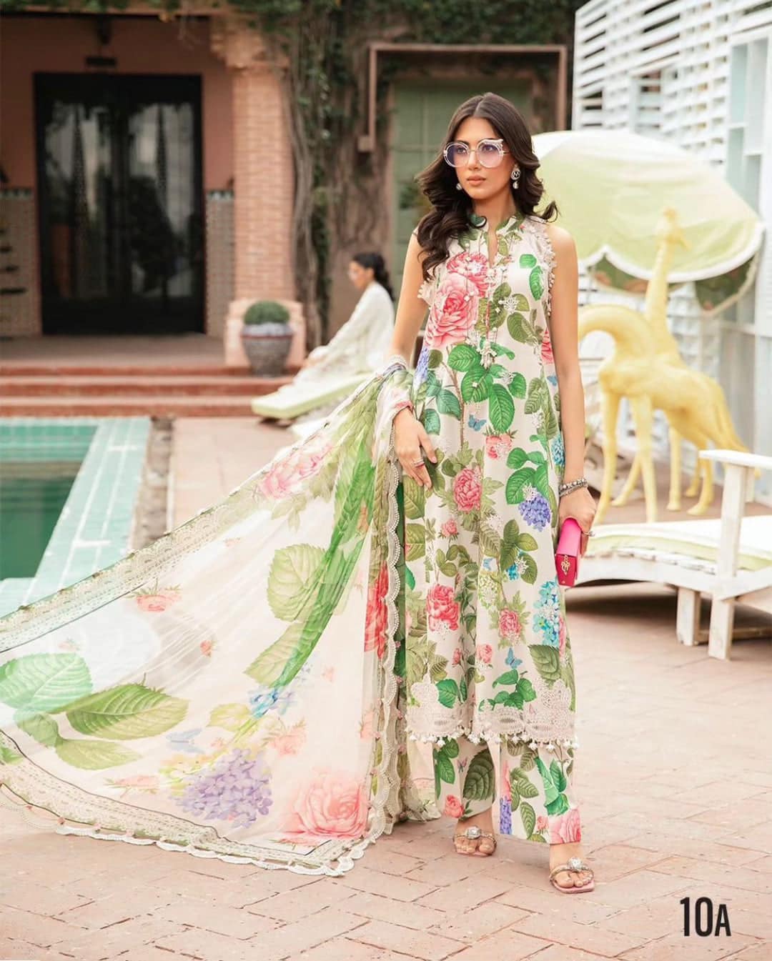 MP Embroidered White N Green Leaf Luxury Lawn Dress