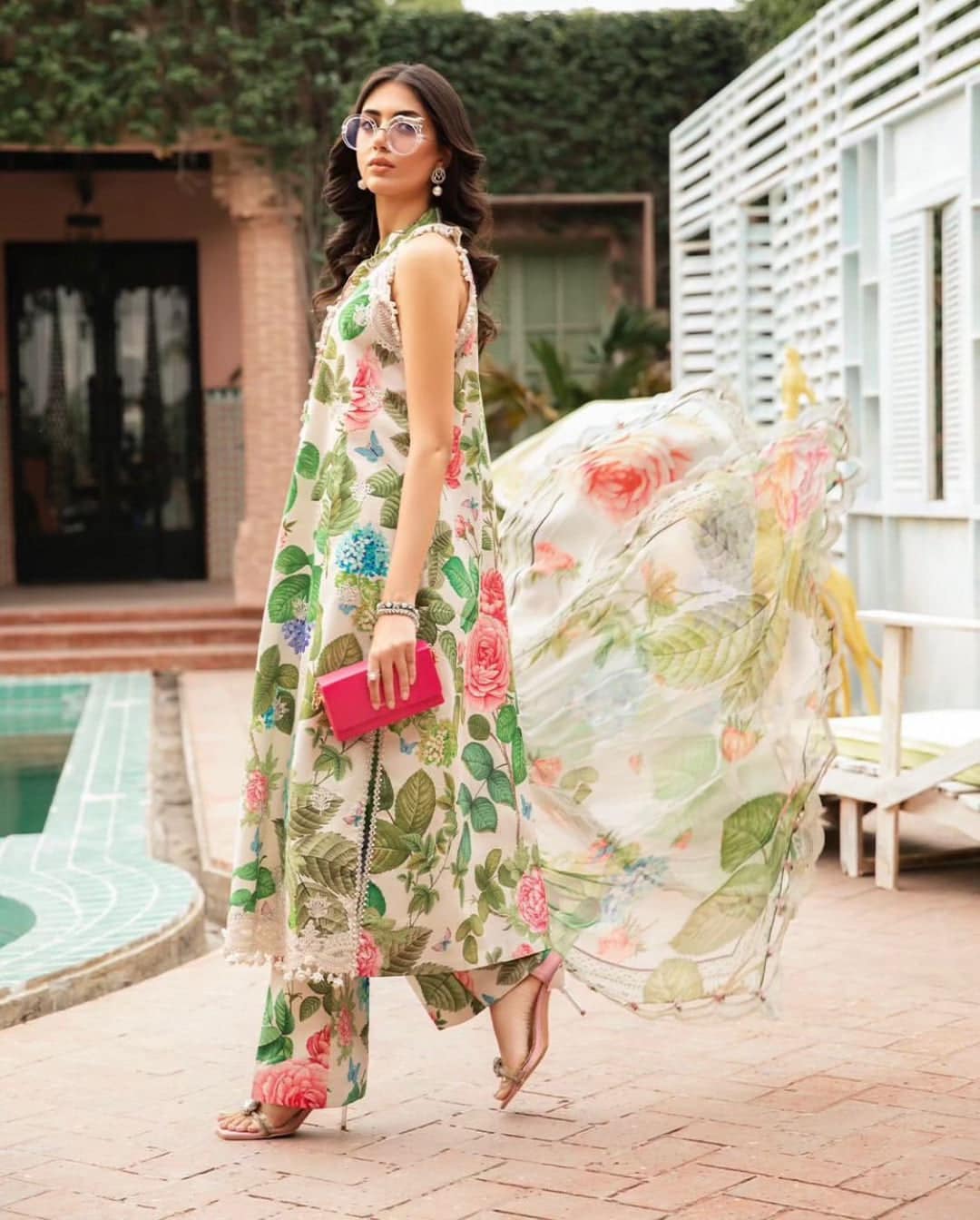MP Embroidered White N Green Leaf Luxury Lawn Dress