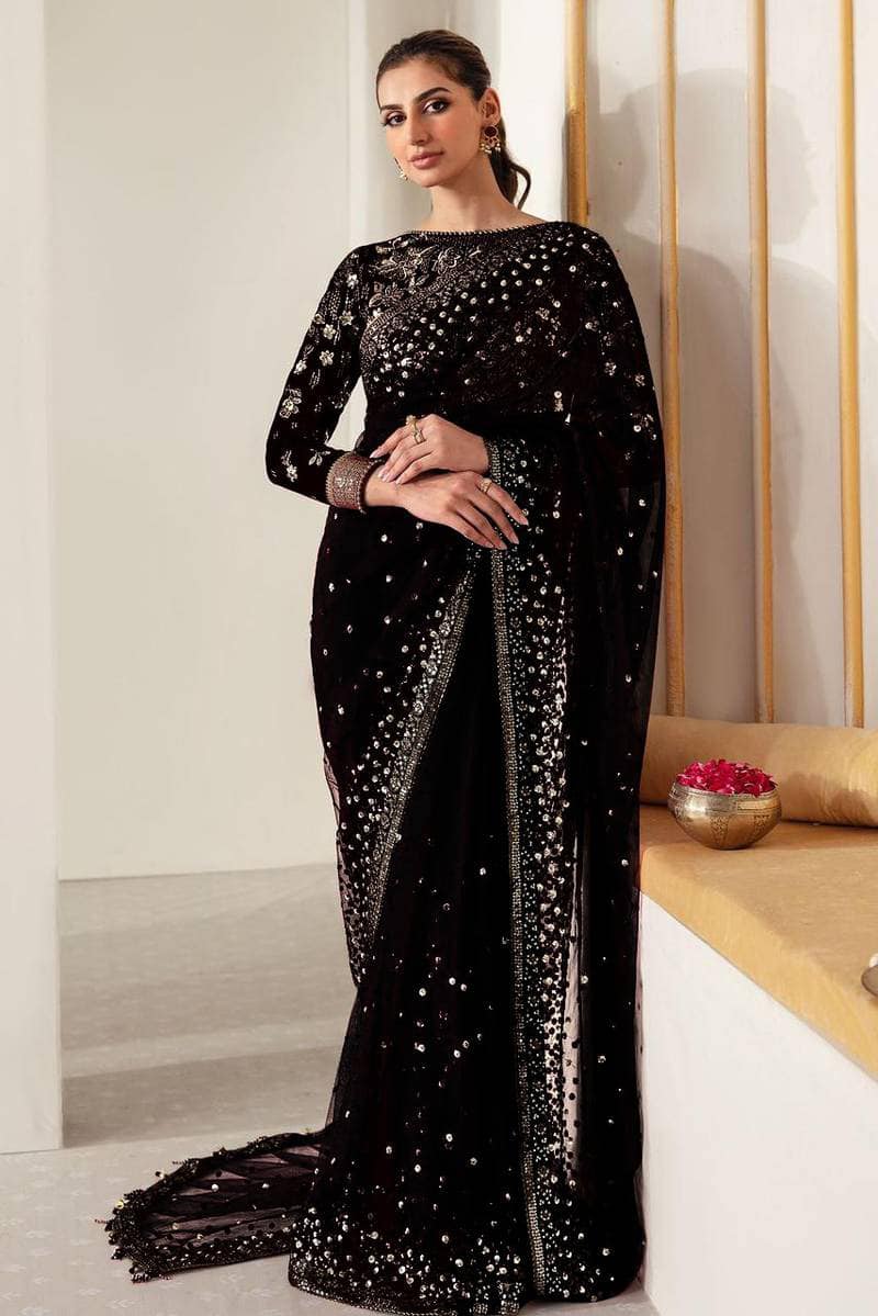 JZM Embroidered Black Luxury Velvet & Net Saree