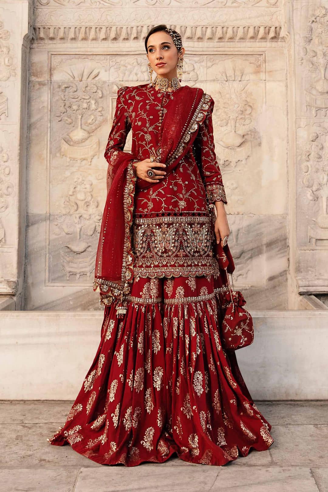 MB Embroidered Red Luxury Organza Gharara