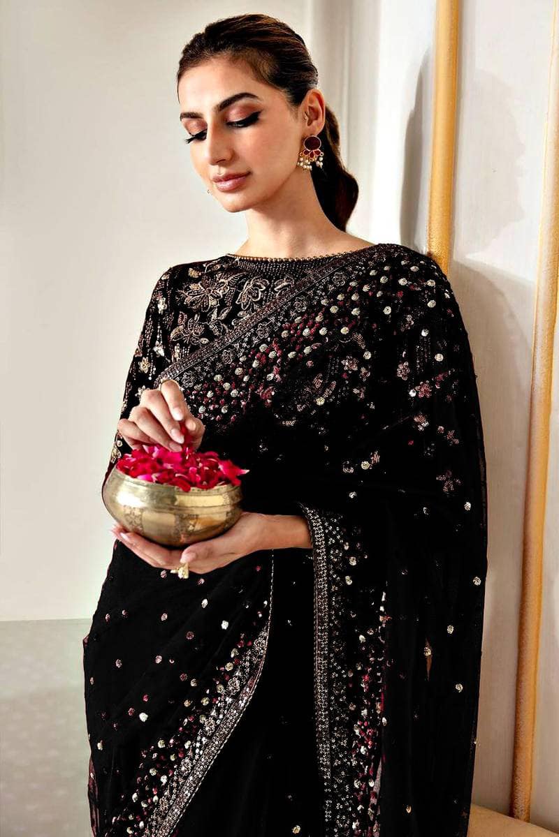 JZM Embroidered Black Luxury Velvet & Net Saree