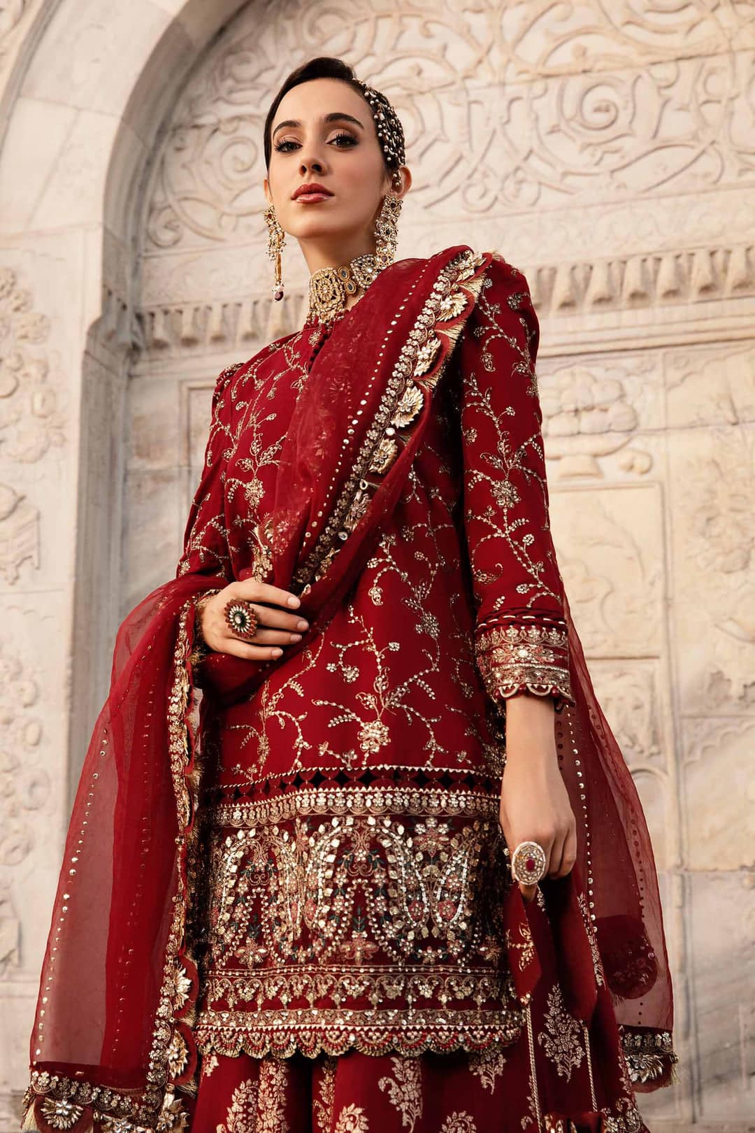 MB Embroidered Red Luxury Organza Gharara