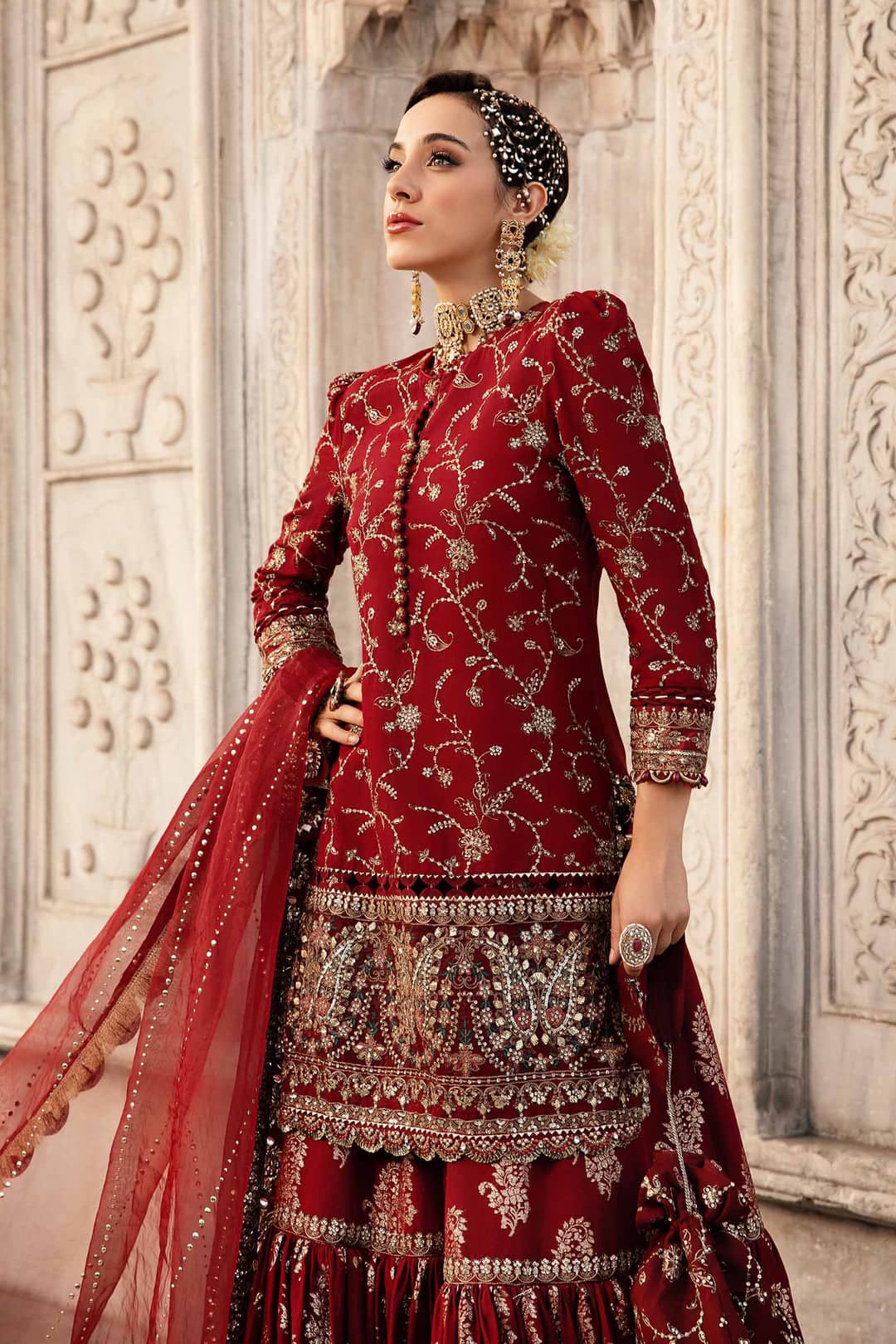 MB Embroidered Red Luxury Organza Gharara