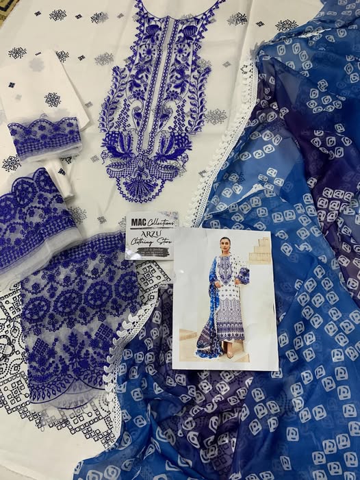 ZC Embroidered White & Blue Luxury Lawn Dress