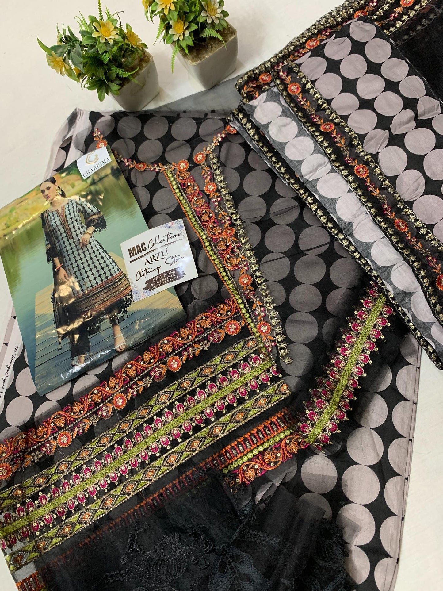 CHZ Embroidered Black & Grey Polka Luxury Lawn Dress