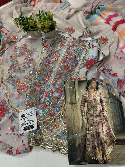 CHZ Embroidered Multi Floral Luxury Chiffon Dress