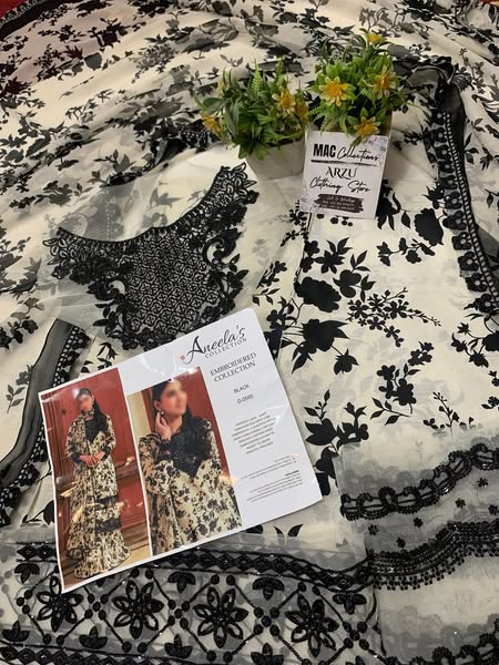 ANL Embroidered Black & Off White Luxury Lawn Dress - Unstitched