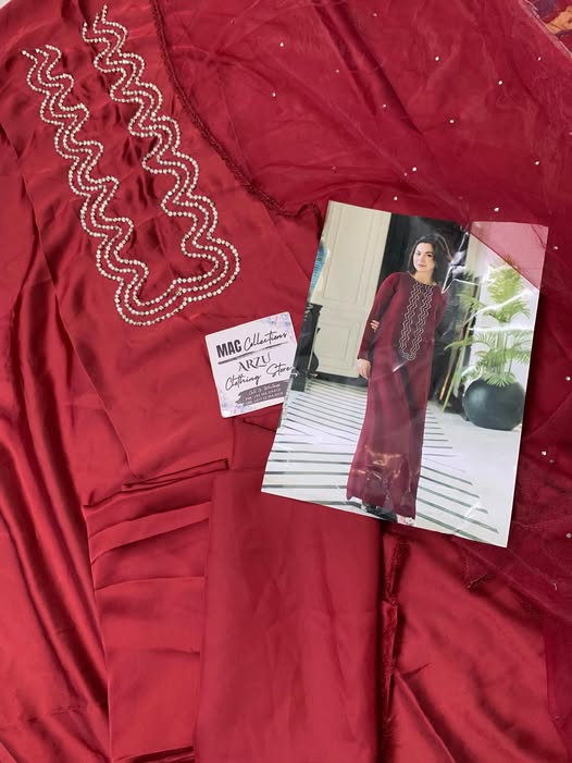 LSR Embroidered Maroon Luxury Silk Dress