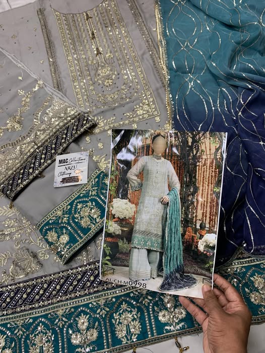 AL Embroidered Grey Luxury Chiffon Dress