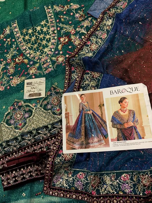 BRQ Embroidered Sea Green Tie & dye Luxury Chiffon Frock