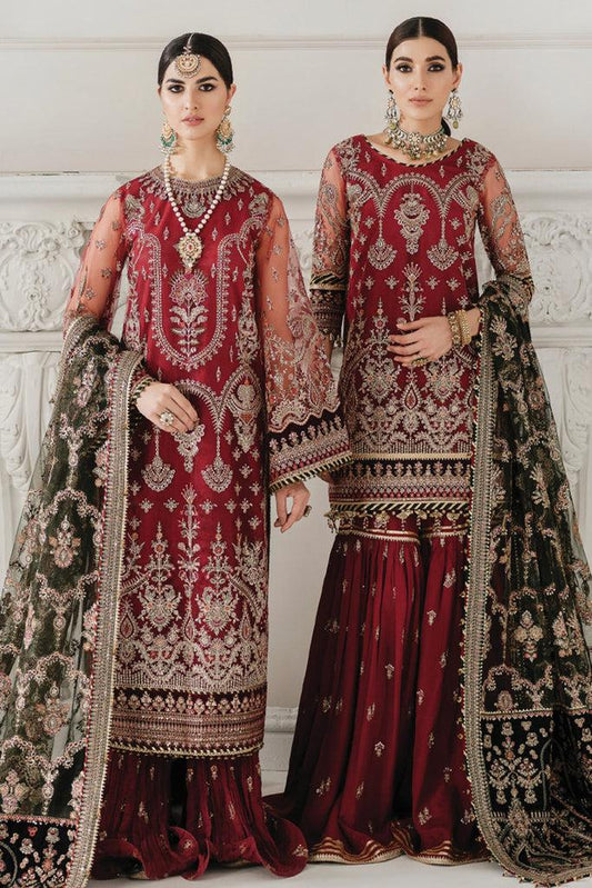 Embroidered Maroon Luxury Net Dress