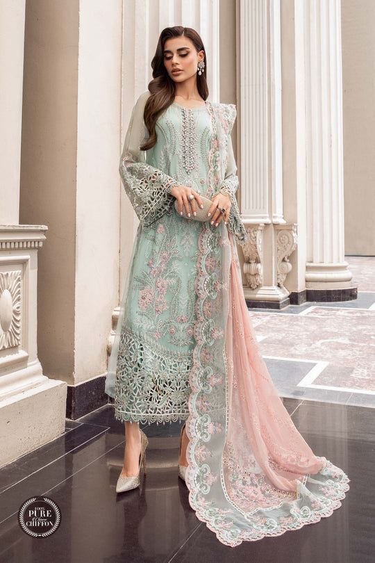 MB Embroidered Sea Green Pink Dupatta Luxury Chiffon Dress