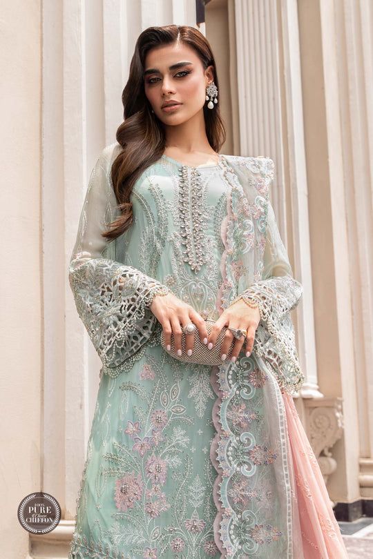 MB Embroidered Sea Green Pink Dupatta Luxury Chiffon Dress