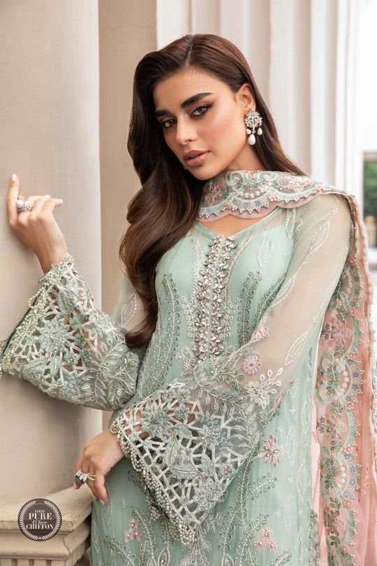 MB Embroidered Sea Green Pink Dupatta Luxury Chiffon Dress