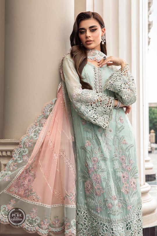 MB Embroidered Sea Green Pink Dupatta Luxury Chiffon Dress