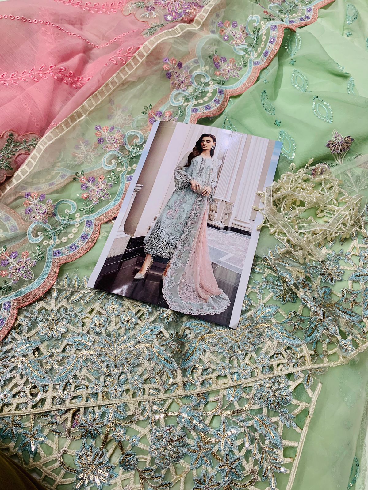 MB Embroidered Sea Green Pink Dupatta Luxury Chiffon Dress
