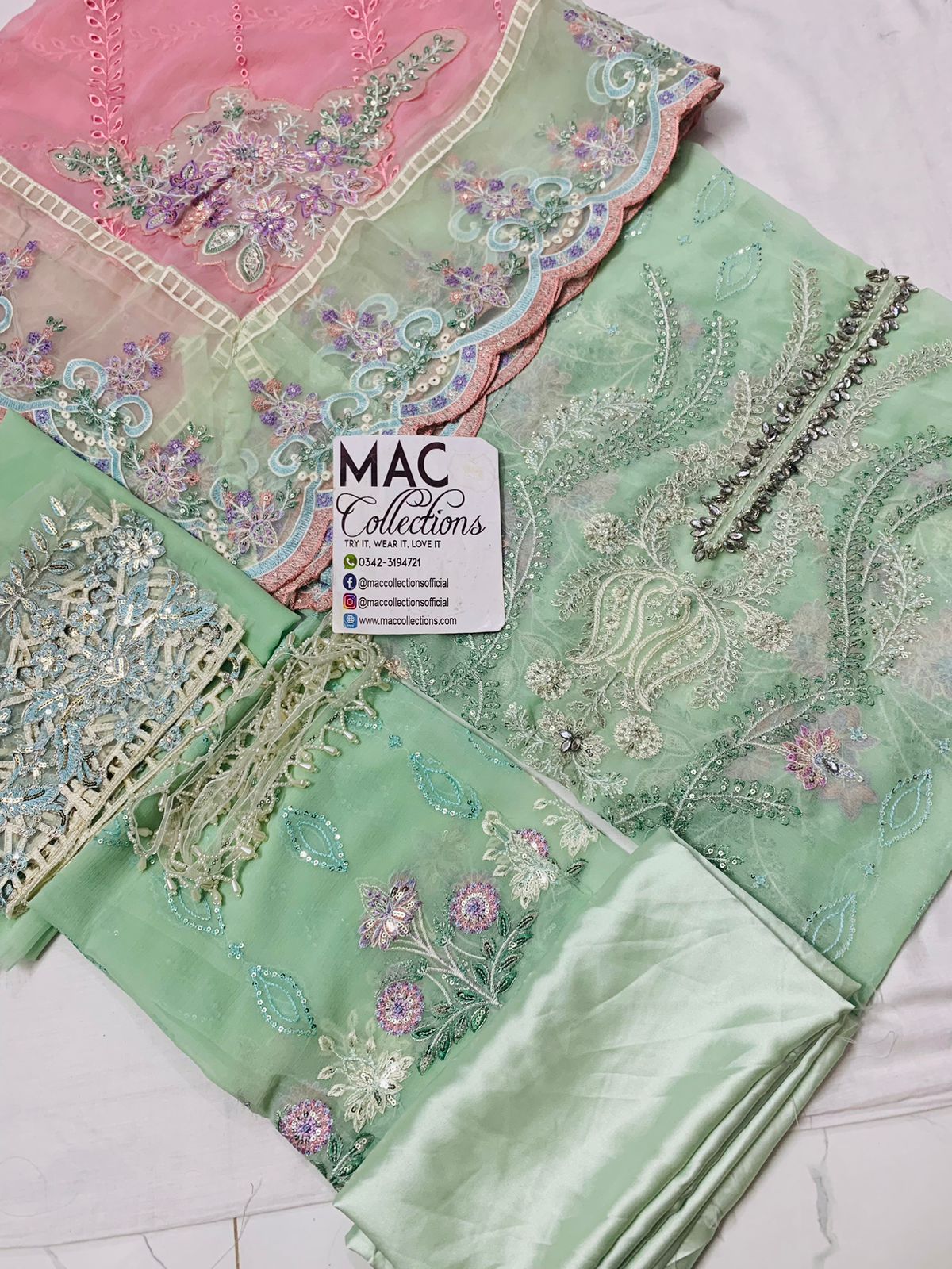 MB Embroidered Sea Green Pink Dupatta Luxury Chiffon Dress