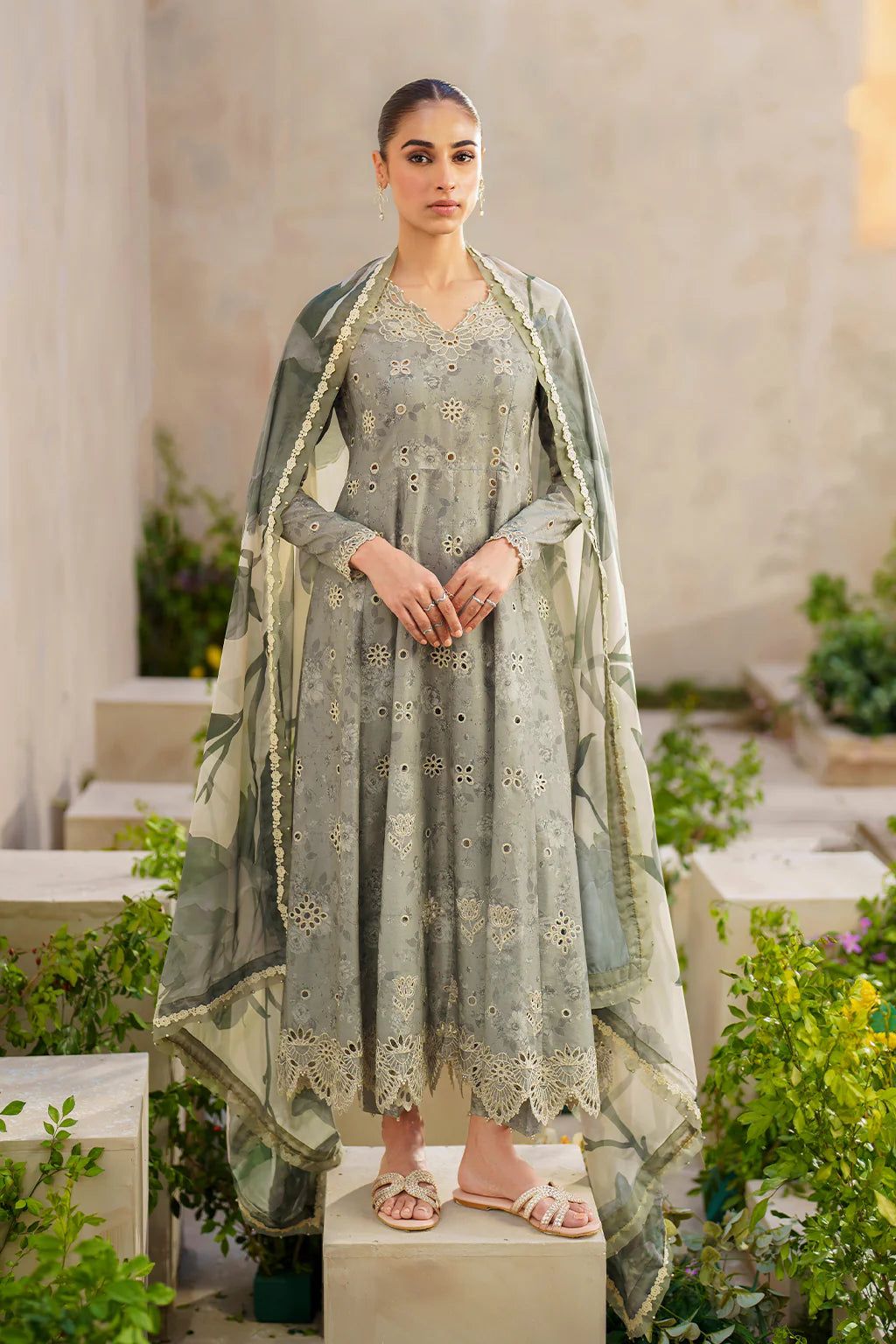 IZK Embroidered Grey ChikanKari Luxury lawn Dress