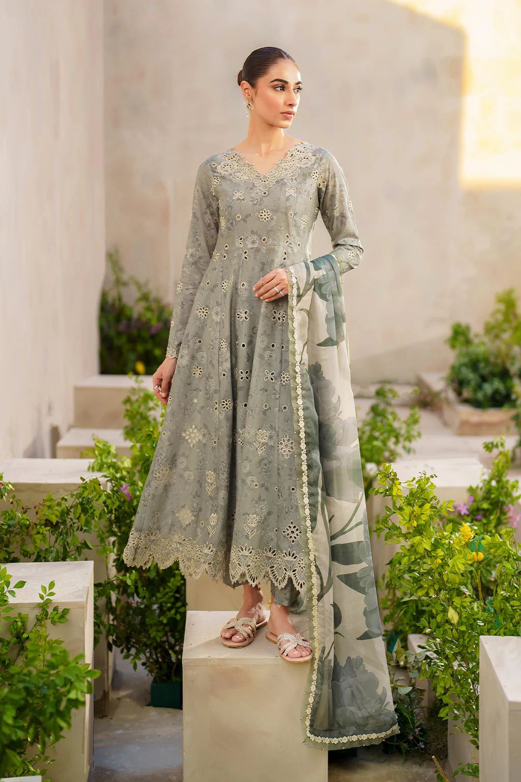 IZK Embroidered Grey ChikanKari Luxury lawn Dress