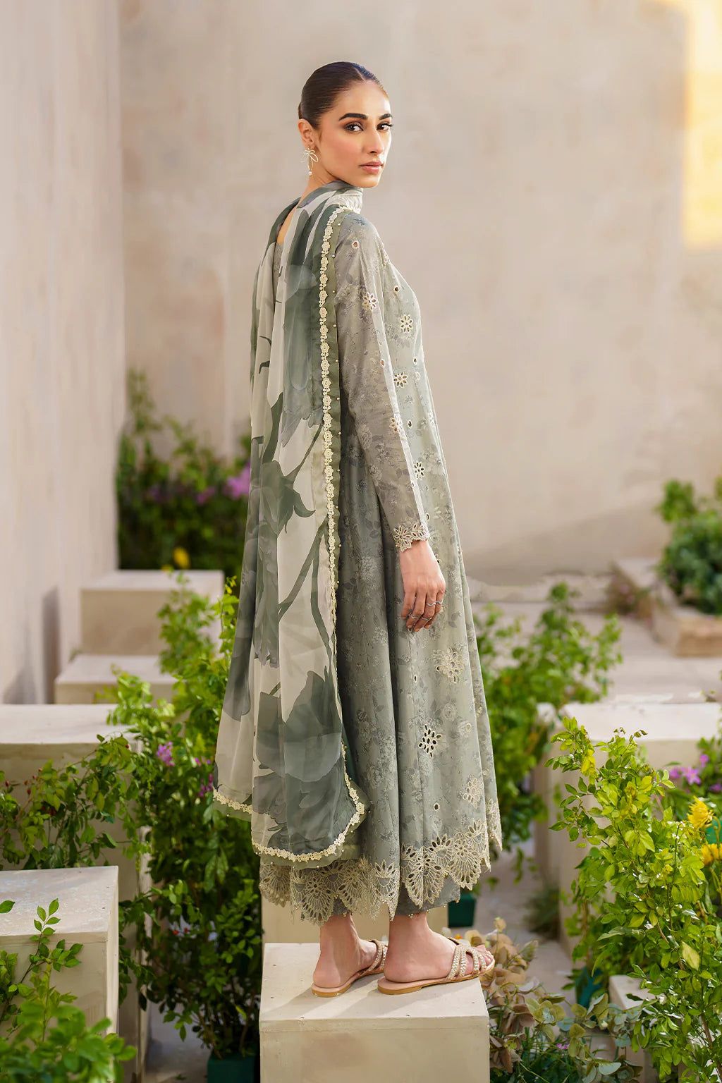 IZK Embroidered Grey ChikanKari Luxury lawn Dress
