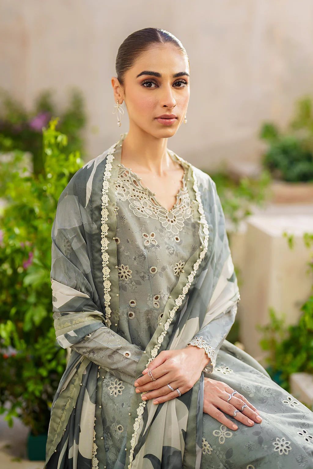 IZK Embroidered Grey ChikanKari Luxury lawn Dress