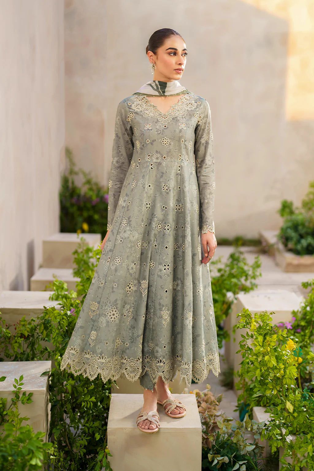 IZK Embroidered Grey ChikanKari Luxury lawn Dress