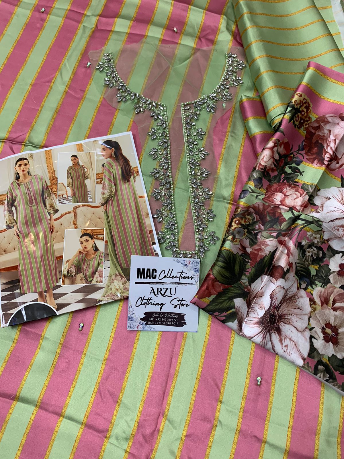 LSR Embroidered Green & Pink Stripe Silk Dress