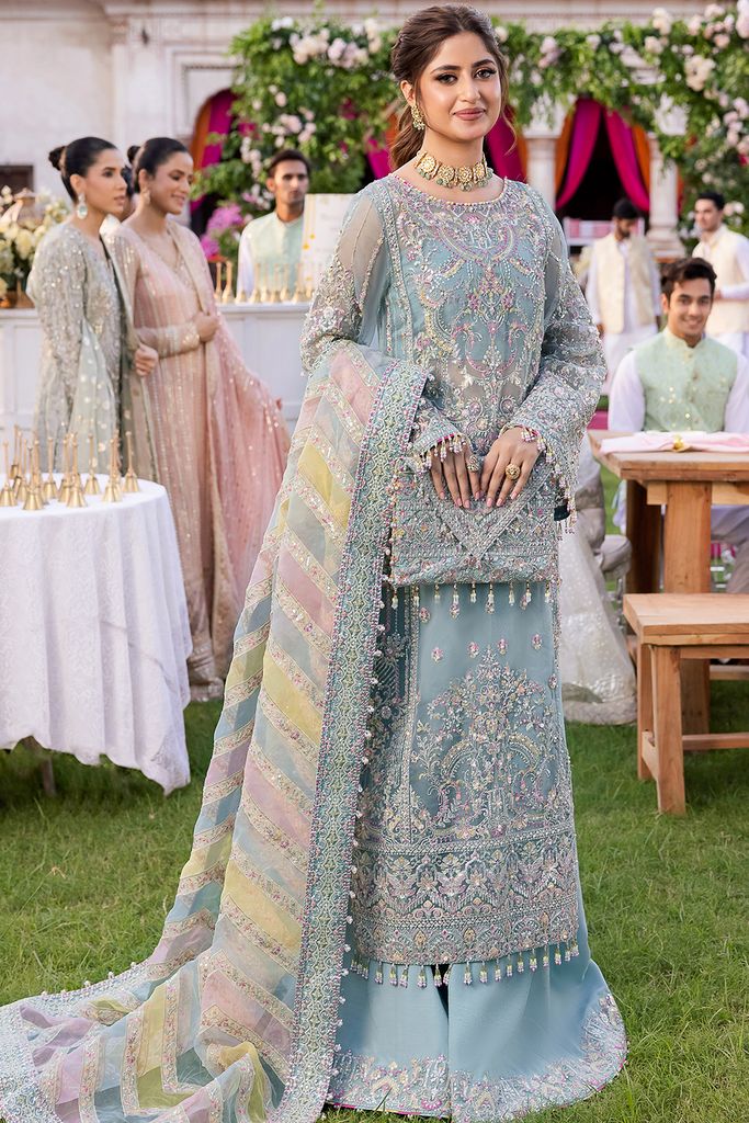 KM Embroidered Sky Blue Luxury Organza Dress