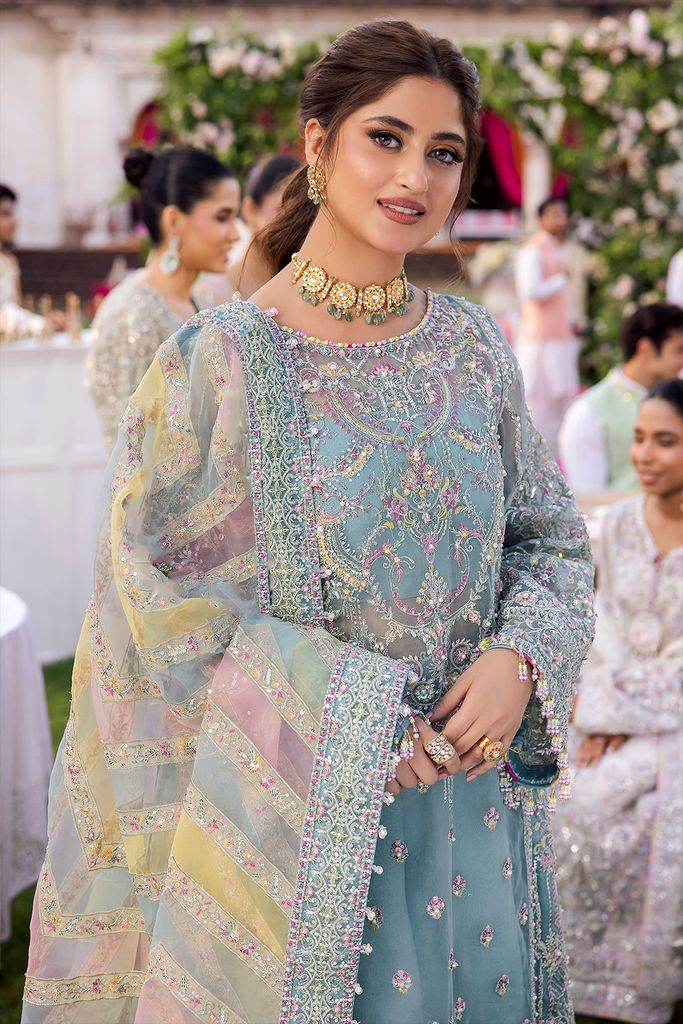 KM Embroidered Sky Blue Luxury Organza Dress