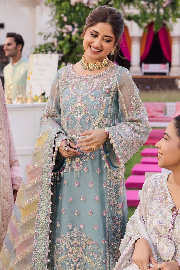 KM Embroidered Sky Blue Luxury Organza Dress