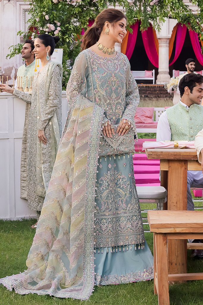 KM Embroidered Sky Blue Luxury Organza Dress