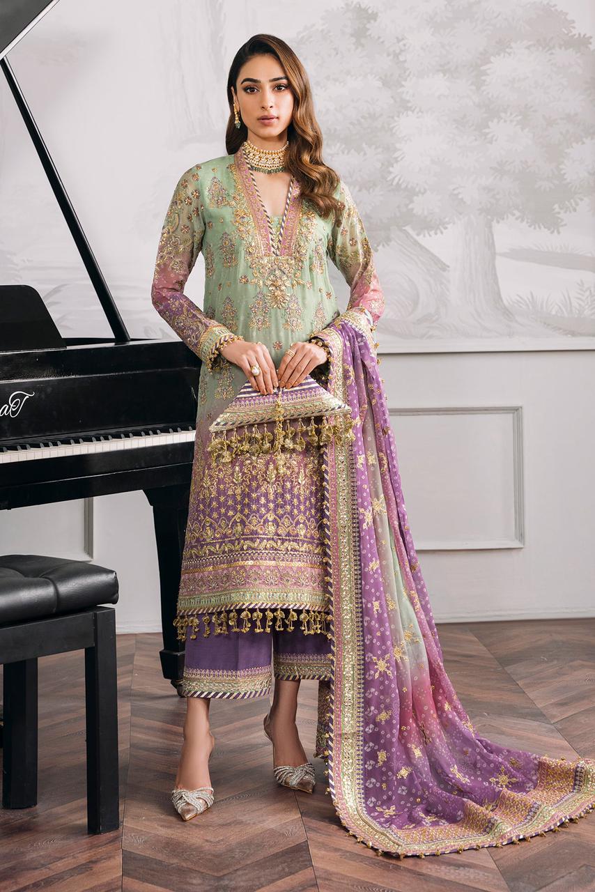 BRQ Embroidered Tie N Die Pista Purple Luxury Chiffon Dress - Unsitched