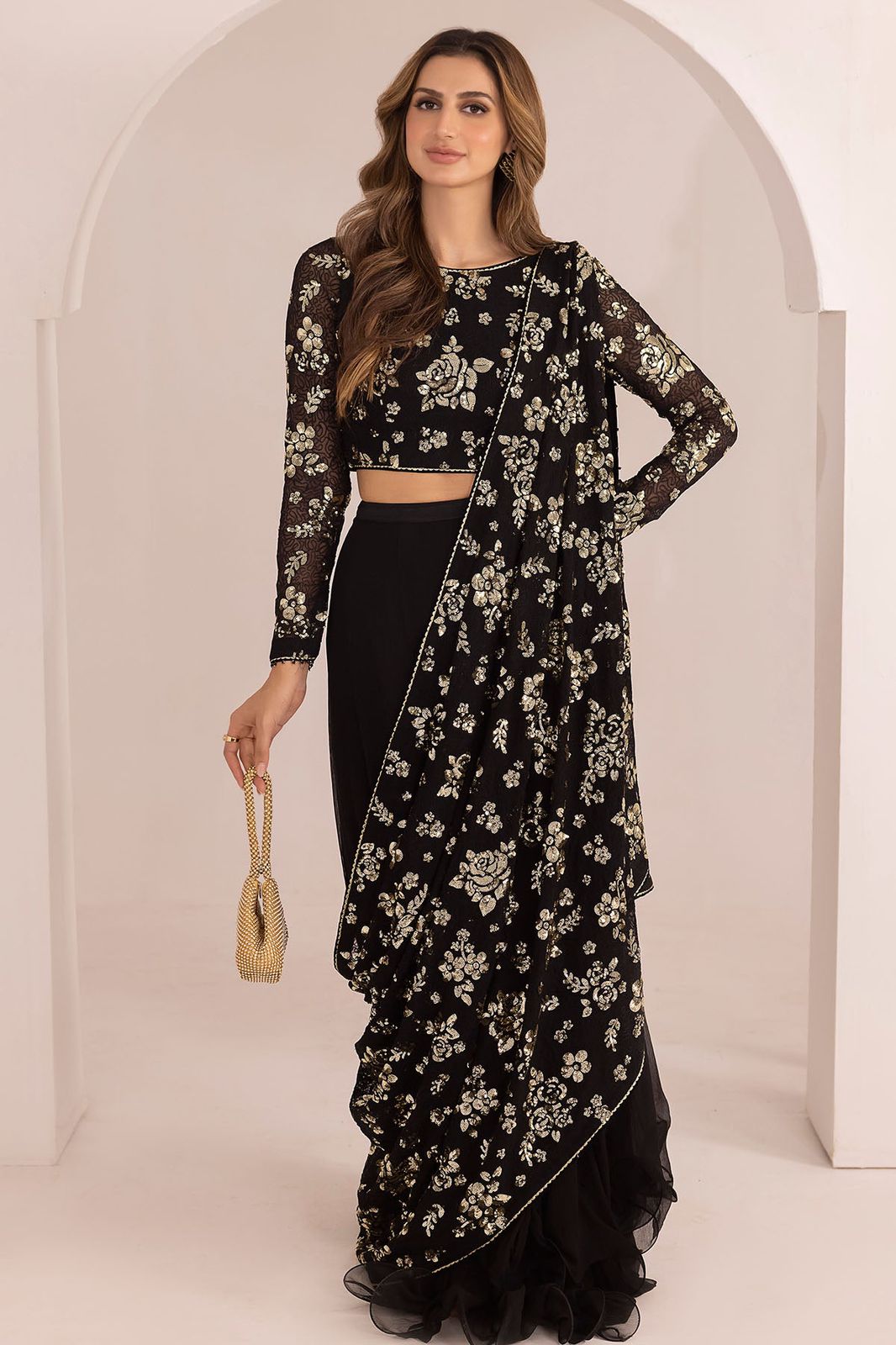 JZM Embroidered Black Luxury Chiffon Saree