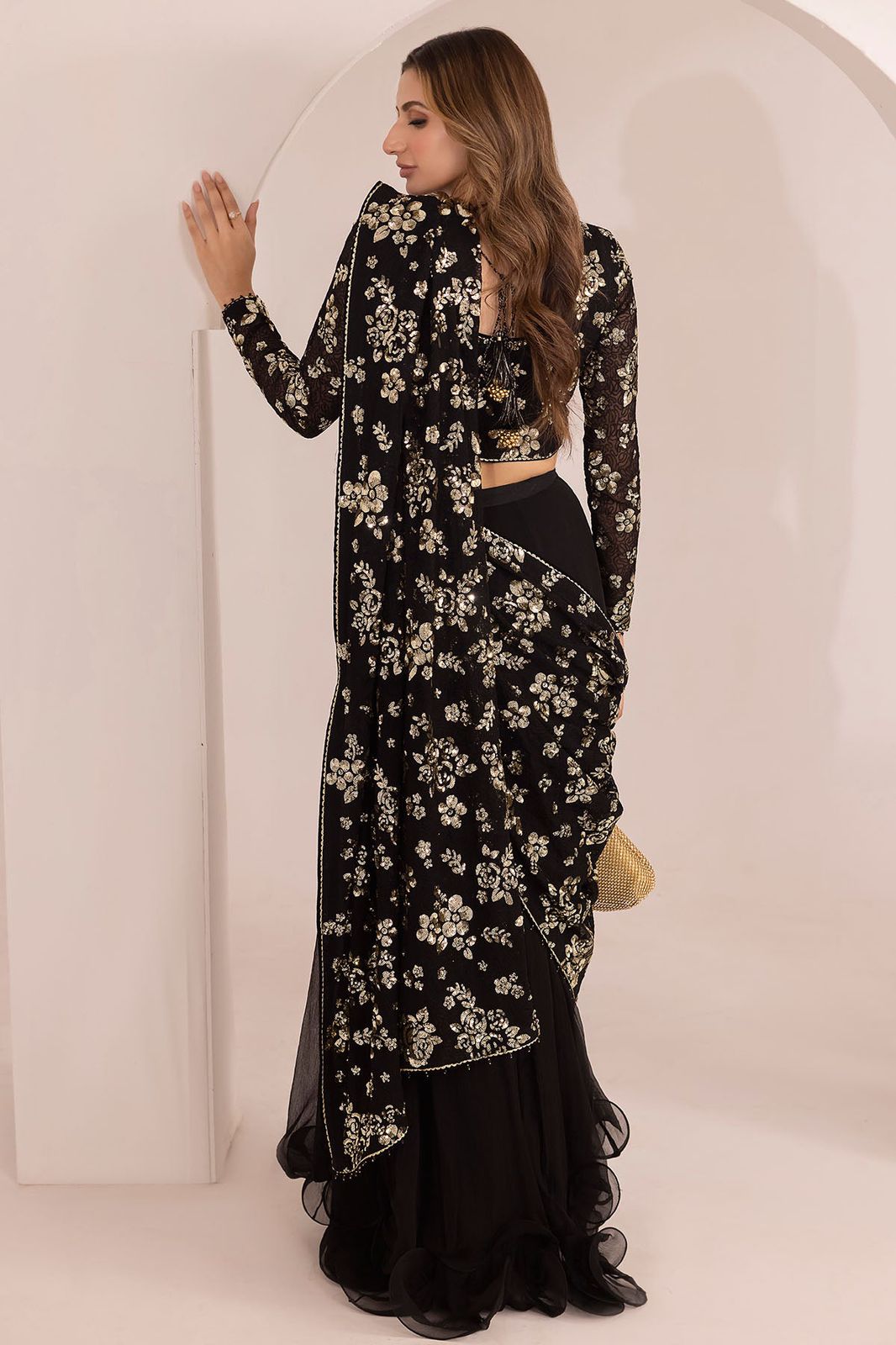 JZM Embroidered Black Luxury Chiffon Saree