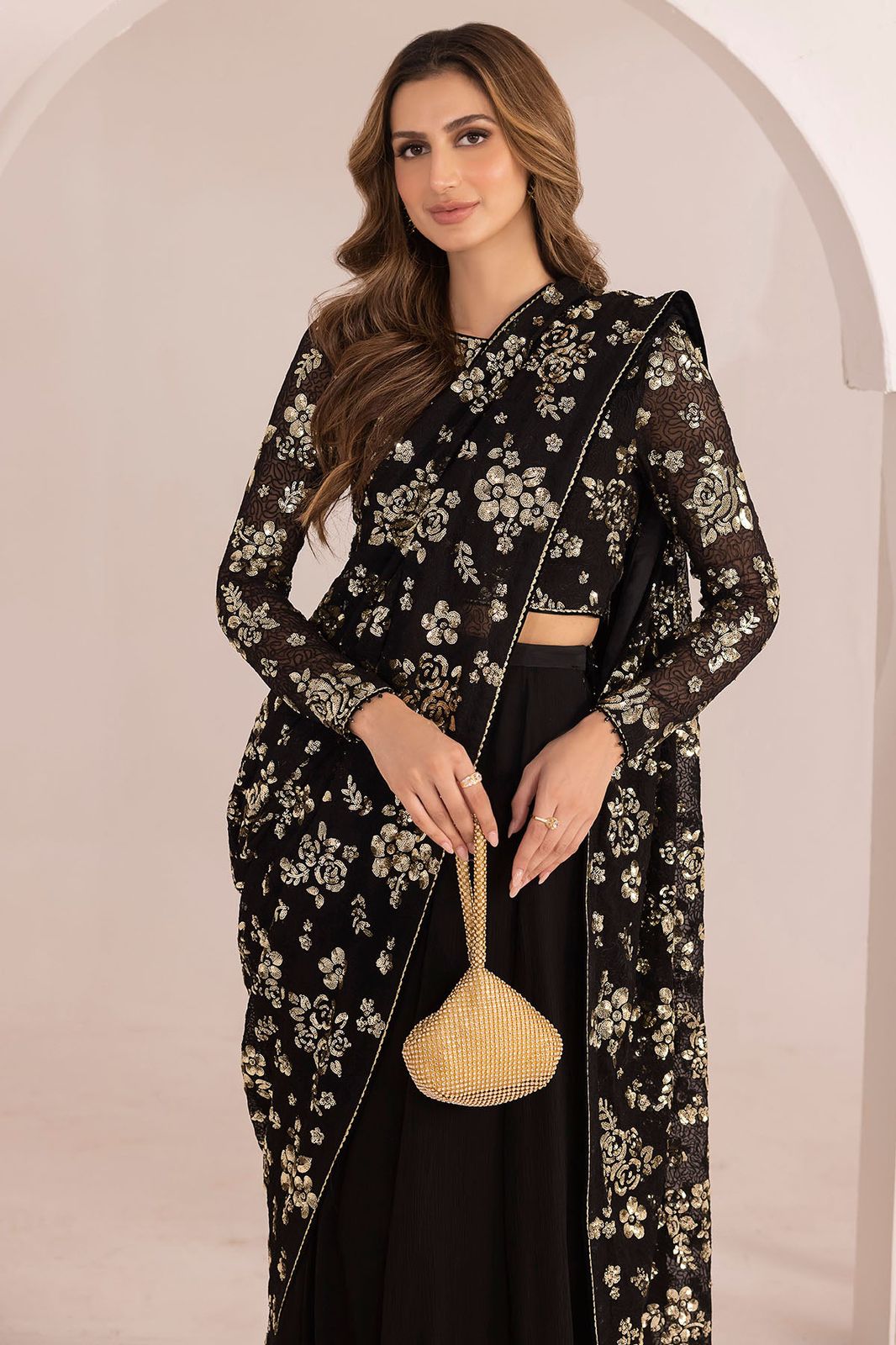 JZM Embroidered Black Luxury Chiffon Saree