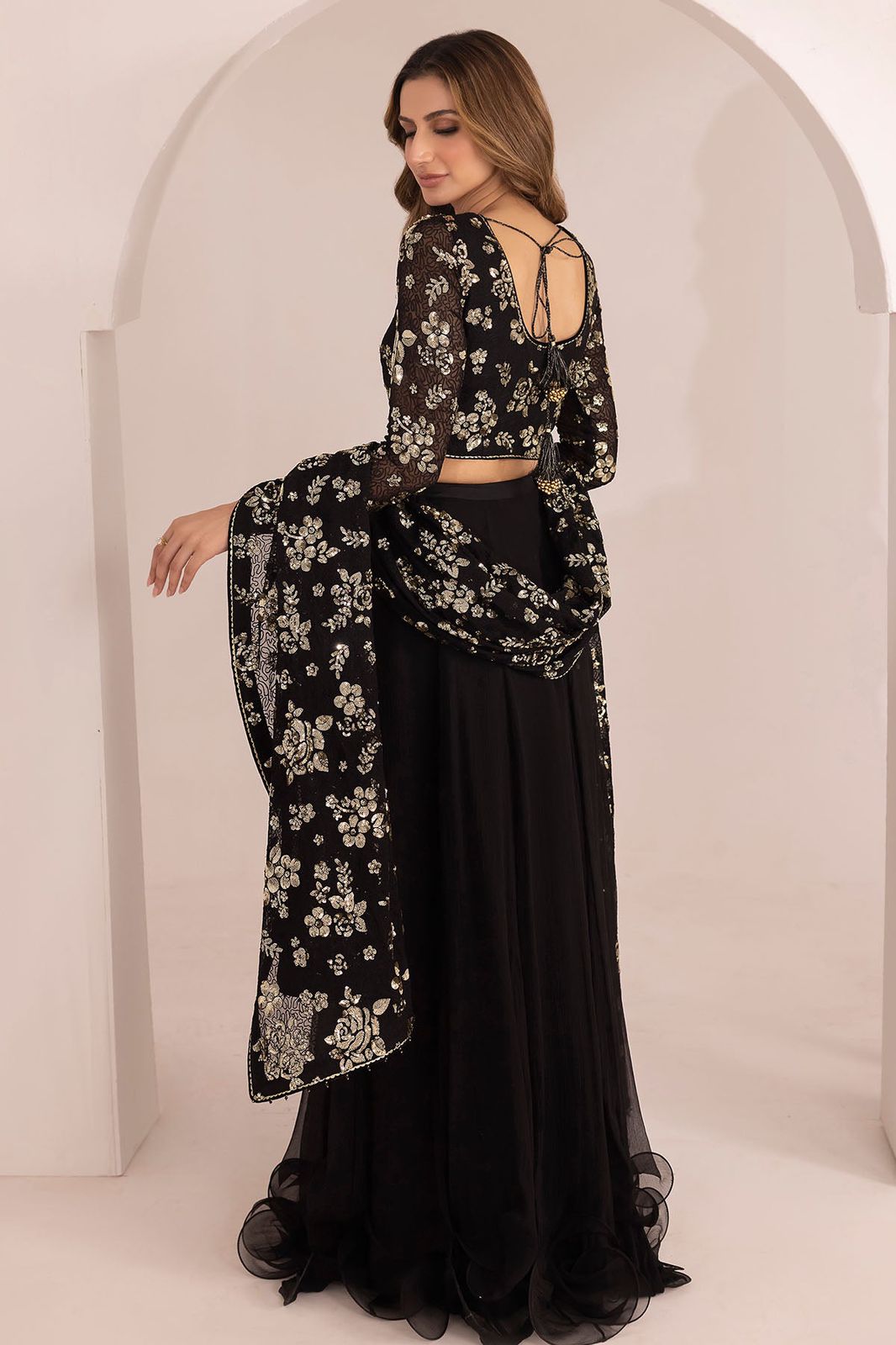 JZM Embroidered Black Luxury Chiffon Saree