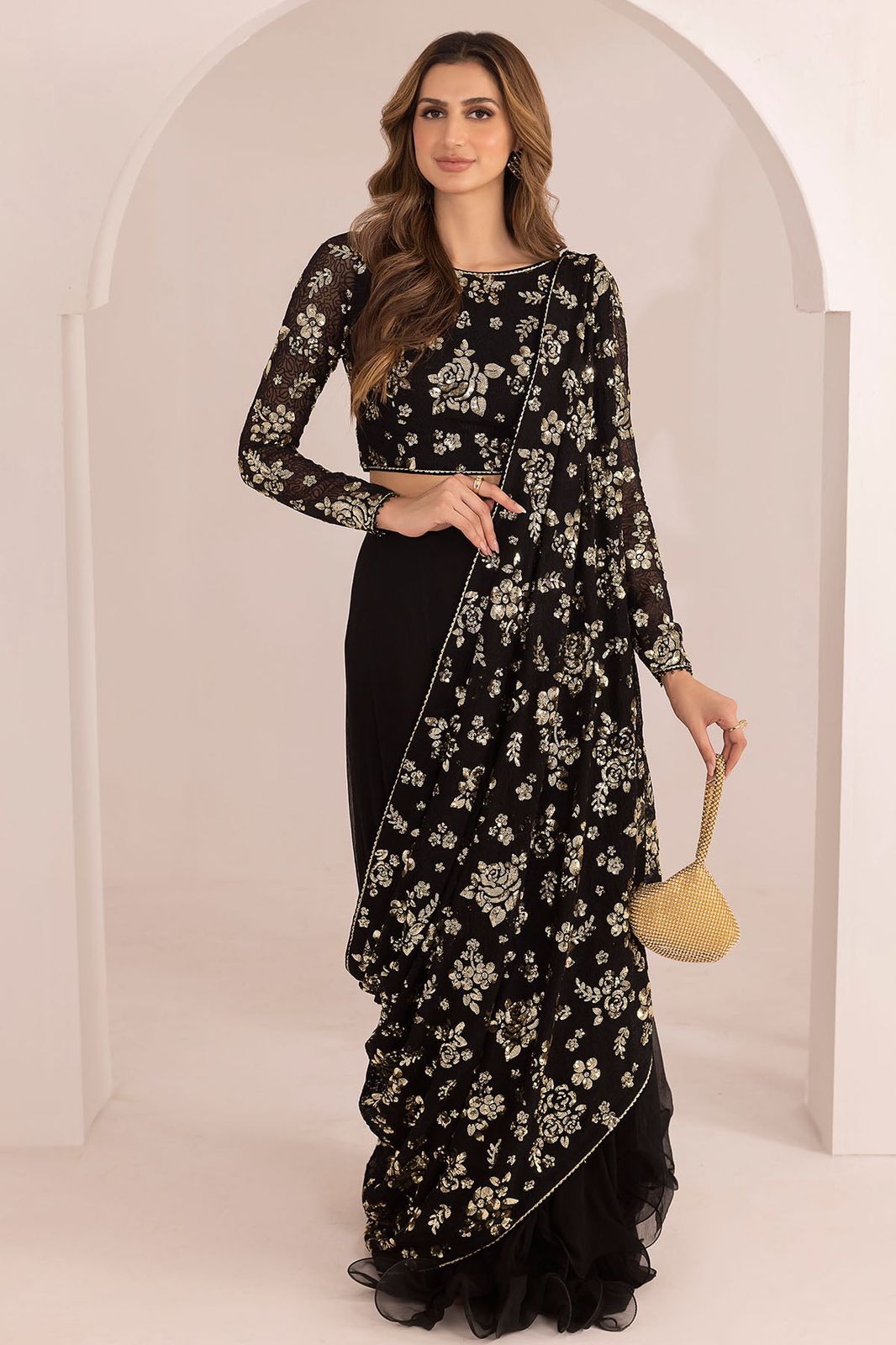 JZM Embroidered Black Luxury Chiffon Saree