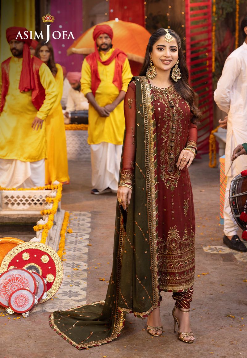 AJ Embroidered Maroon Luxury Chiffon Dress