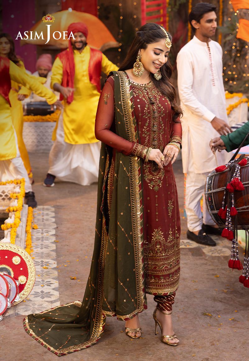 AJ Embroidered Maroon Luxury Chiffon Dress