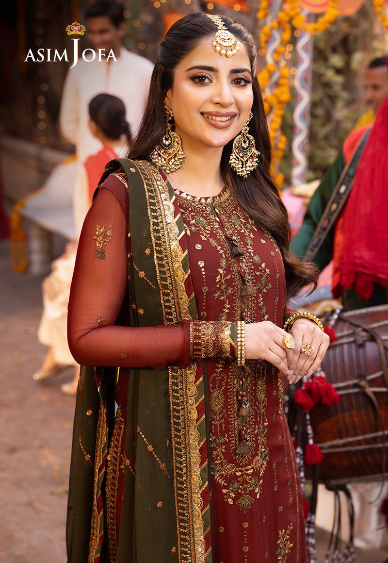 AJ Embroidered Maroon Luxury Chiffon Dress