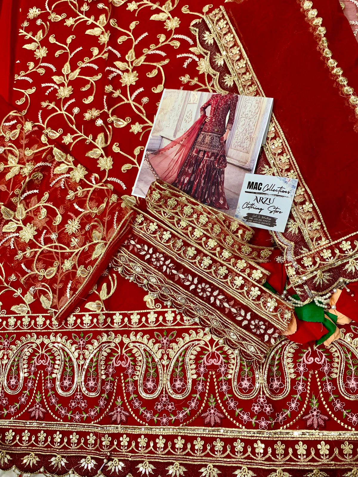 MB Embroidered Red Luxury Organza Gharara