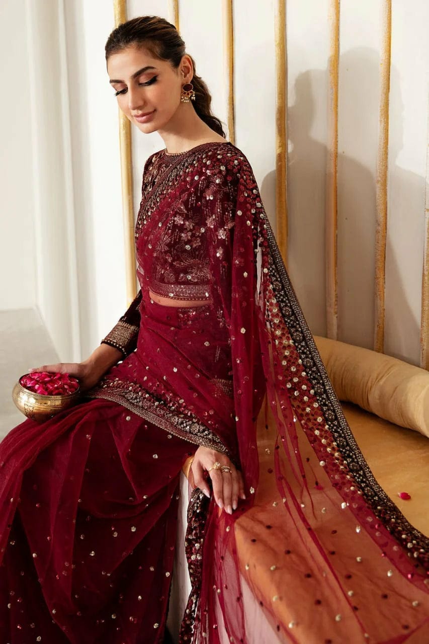 JZM Embroidered Maroon Luxury Velvet & Net Saree
