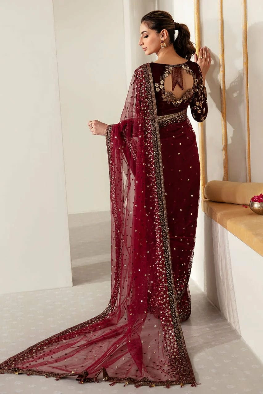 JZM Embroidered Maroon Luxury Velvet & Net Saree