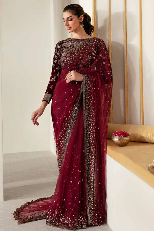 JZM Embroidered Maroon Luxury Velvet & Net Saree