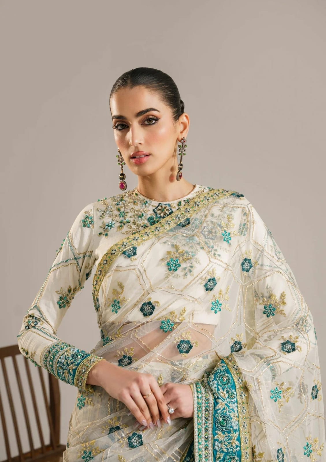 AA Embroidered White Luxury Net Saree